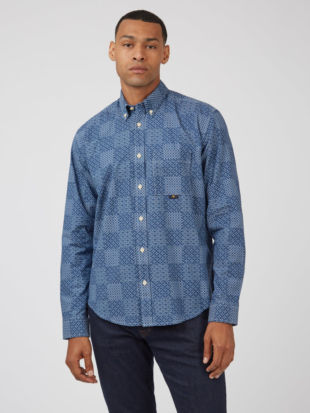 Chemises Ben Sherman Chambray Patchwork Geo Print Long-Sleeve Bleu | ZAG-44604037